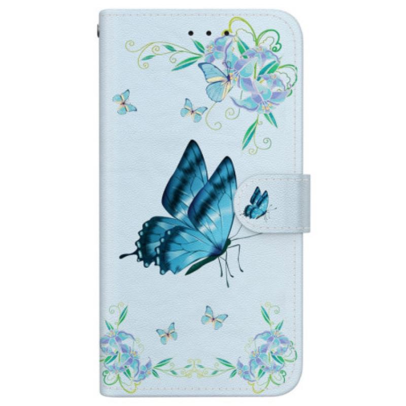 Housse Motorola Edge 50 Fusion Papillon Bleu et Fleurs à Lanière