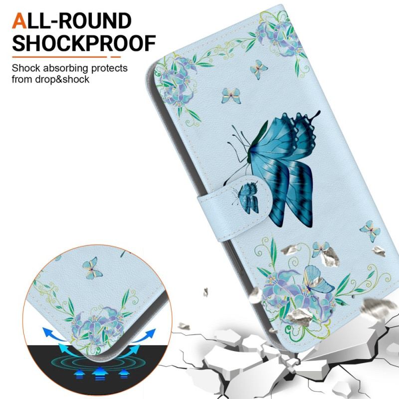 Housse Motorola Edge 50 Fusion Papillon Bleu et Fleurs à Lanière