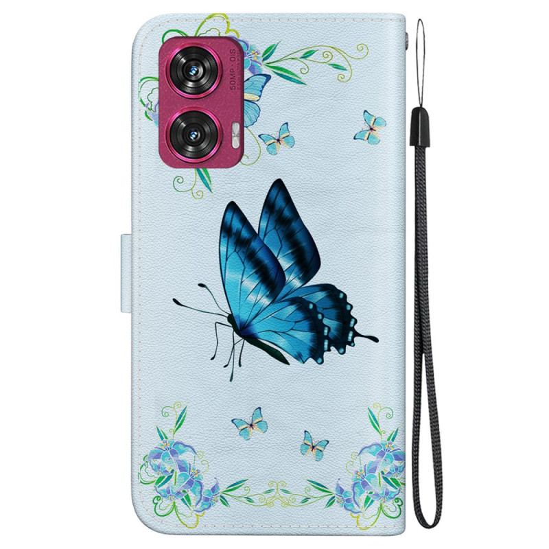 Housse Motorola Edge 50 Fusion Papillon Bleu et Fleurs à Lanière