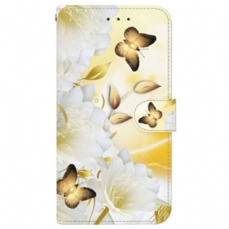 Housse Motorola Edge 50 Fusion Papillons Dorés et Fleurs Blanches à Lanière