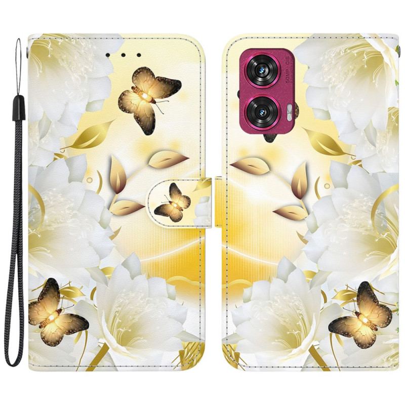 Housse Motorola Edge 50 Fusion Papillons Dorés et Fleurs Blanches à Lanière