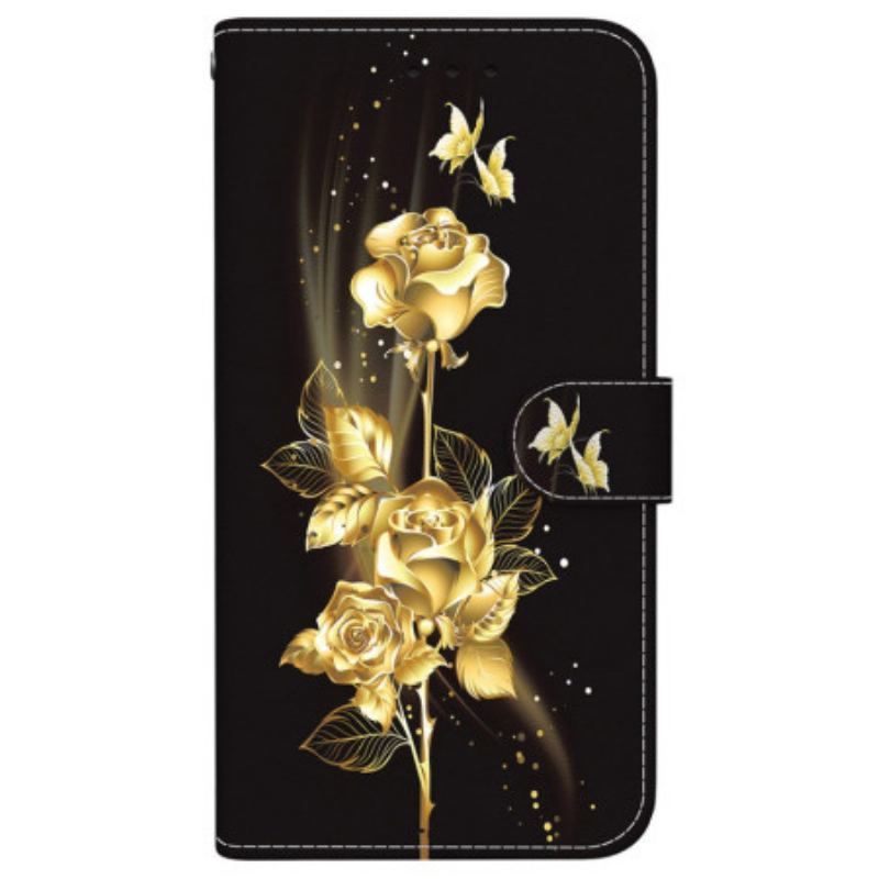 Housse Motorola Edge 50 Fusion Papillons Dorés et Roses à Lanière