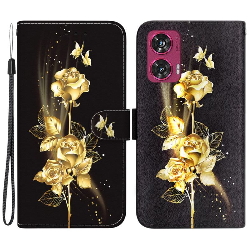 Housse Motorola Edge 50 Fusion Papillons Dorés et Roses à Lanière