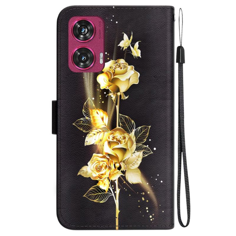 Housse Motorola Edge 50 Fusion Papillons Dorés et Roses à Lanière