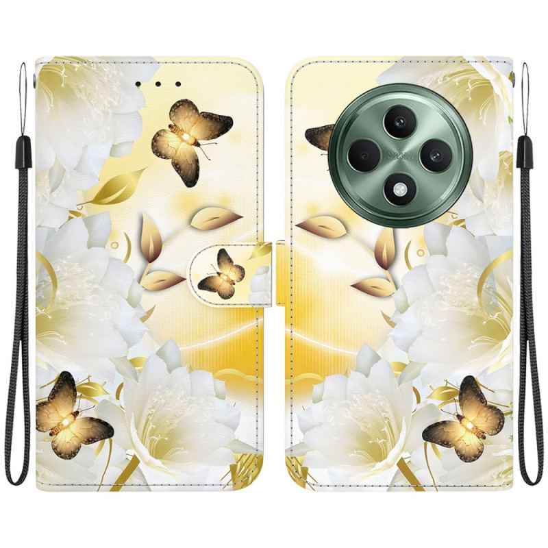 Housse Oppo Reno 12F 5G Papillons Dorés et Fleurs à Lanière