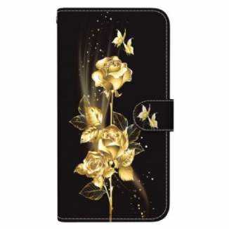 Housse Oppo Reno 12F 5G Papillons Dorés et Roses à Lanière