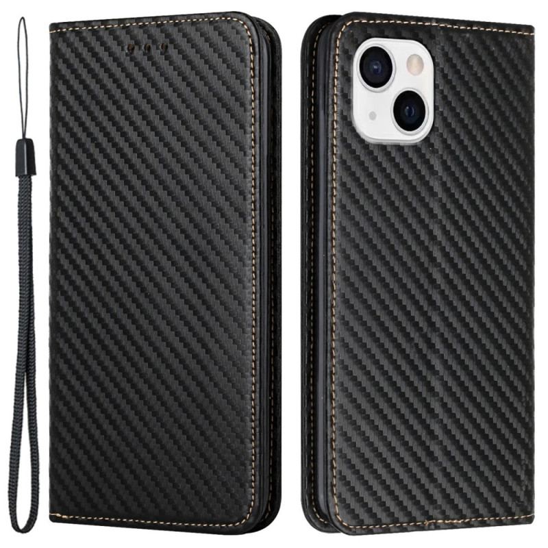 Flip Cover iPhone 15 Plus Fibre Carbone à Lanière