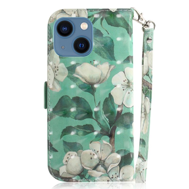 Housse iPhone 15 Plus Fleurs Blanches à Lanière