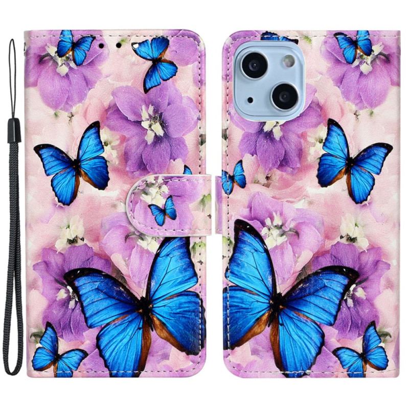 Housse iPhone 15 Plus Petits Papillons Bleus à Lanière