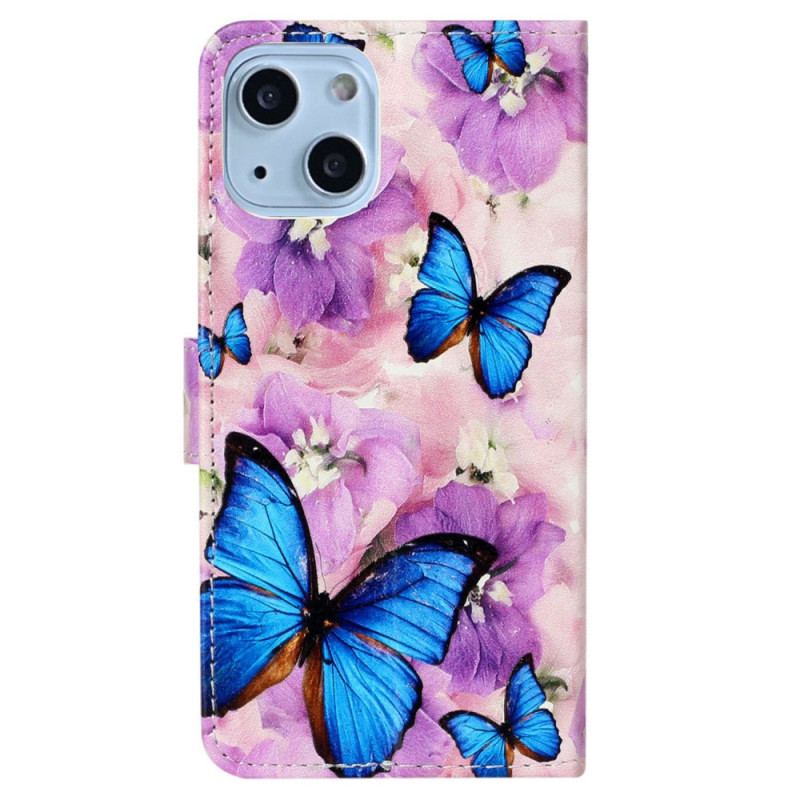 Housse iPhone 15 Plus Petits Papillons Bleus à Lanière