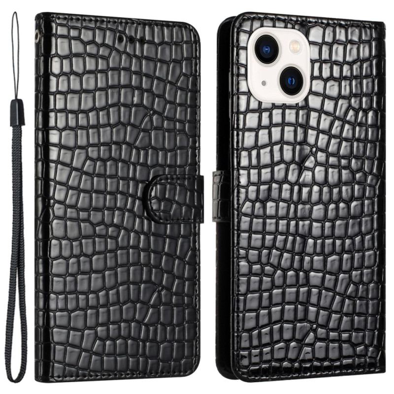 Housse iPhone 15 Plus Style Crocodile avec Lanière