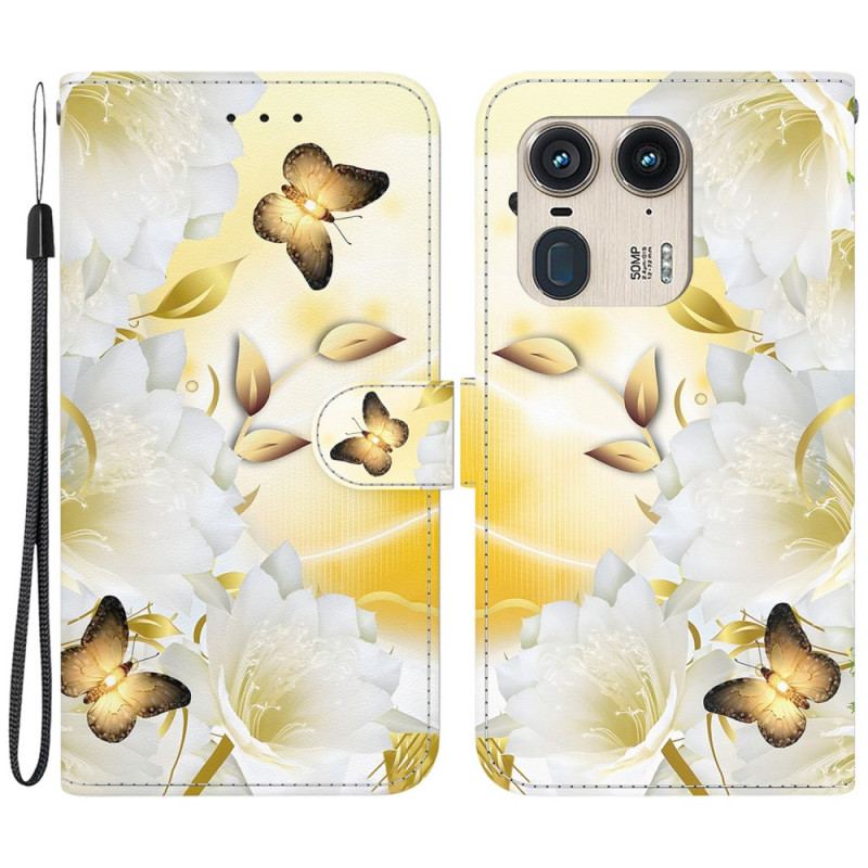 Housse Motorola Edge 50 Ultra Papillons Dorés et Fleurs Blanches à Lanière