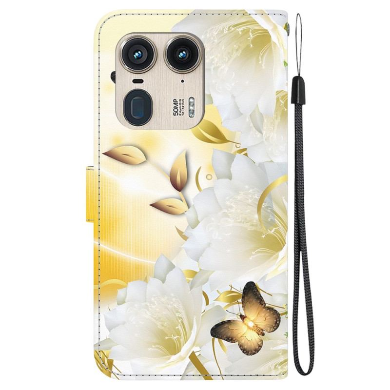 Housse Motorola Edge 50 Ultra Papillons Dorés et Fleurs Blanches à Lanière