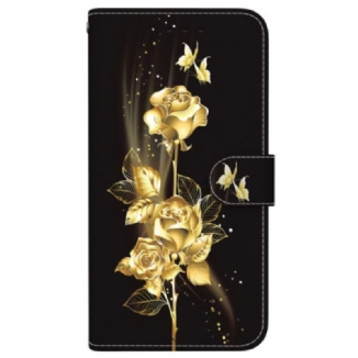 Housse Motorola Edge 50 Ultra Papillons Dorés et Roses à Lanière