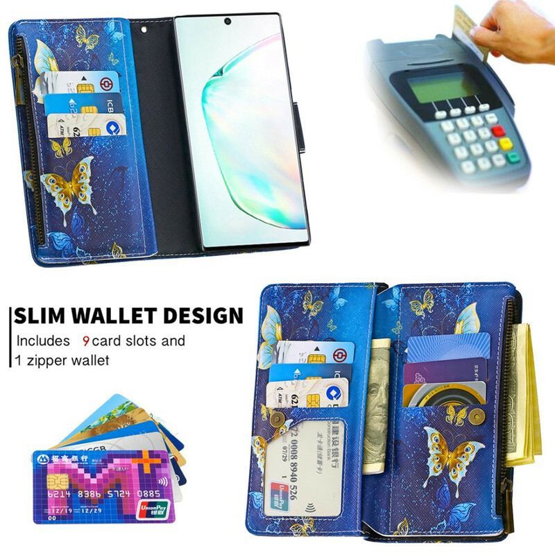 Housse Samsung Galaxy Note 10 Poche Zippée Papillons