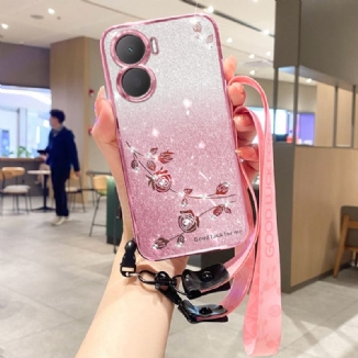 Coque Huawei Nova 12 SE Fleurs et Strass à Lanière