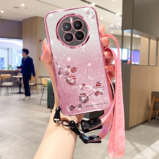 Coque Realme 12 Plus 5G Fleurs et Strass à lanière KADEM