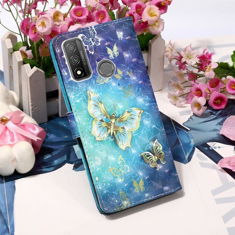 Housse Huawei P Smart 2020 Papillons Dorés à Lanière