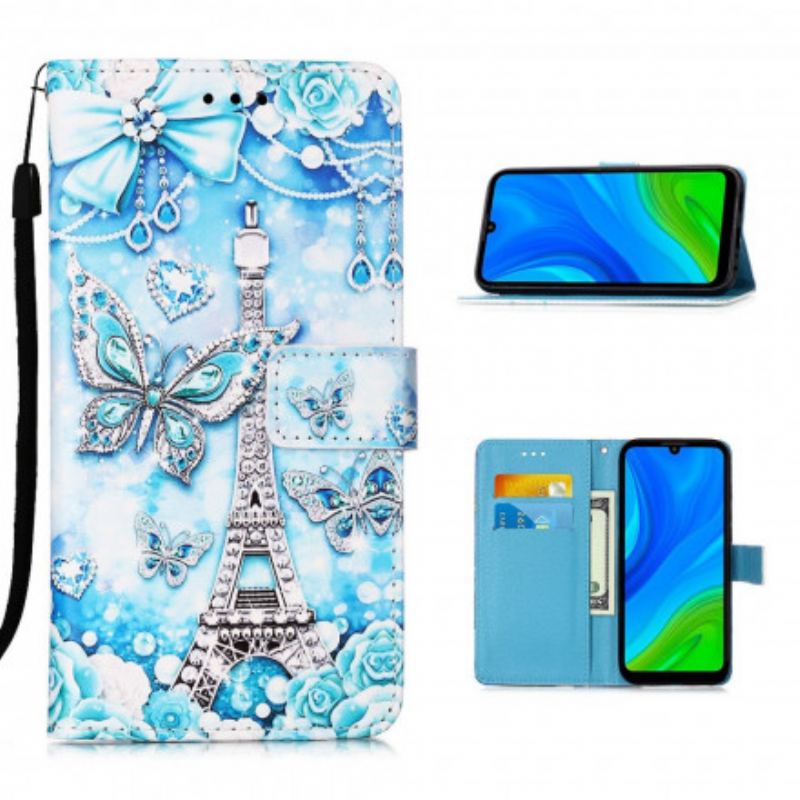 Housse Huawei P Smart 2020 Tour Eiffel Papillons à Lanière