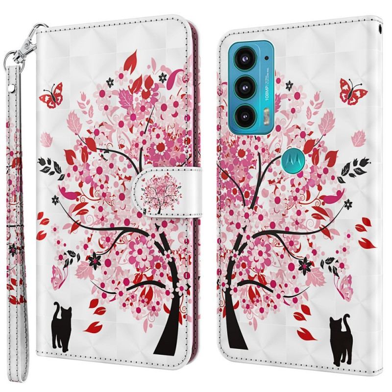 Housse Moto E40 / E30 / E20 Arbre Rose et Chat Noir