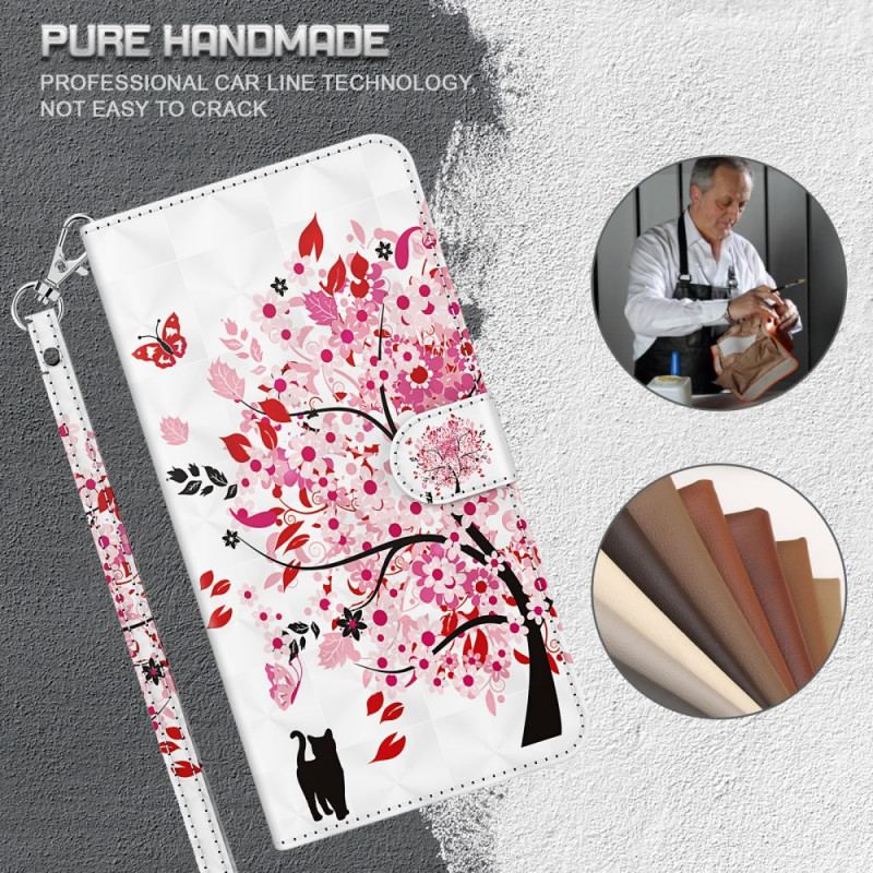 Housse Moto E40 / E30 / E20 Arbre Rose et Chat Noir