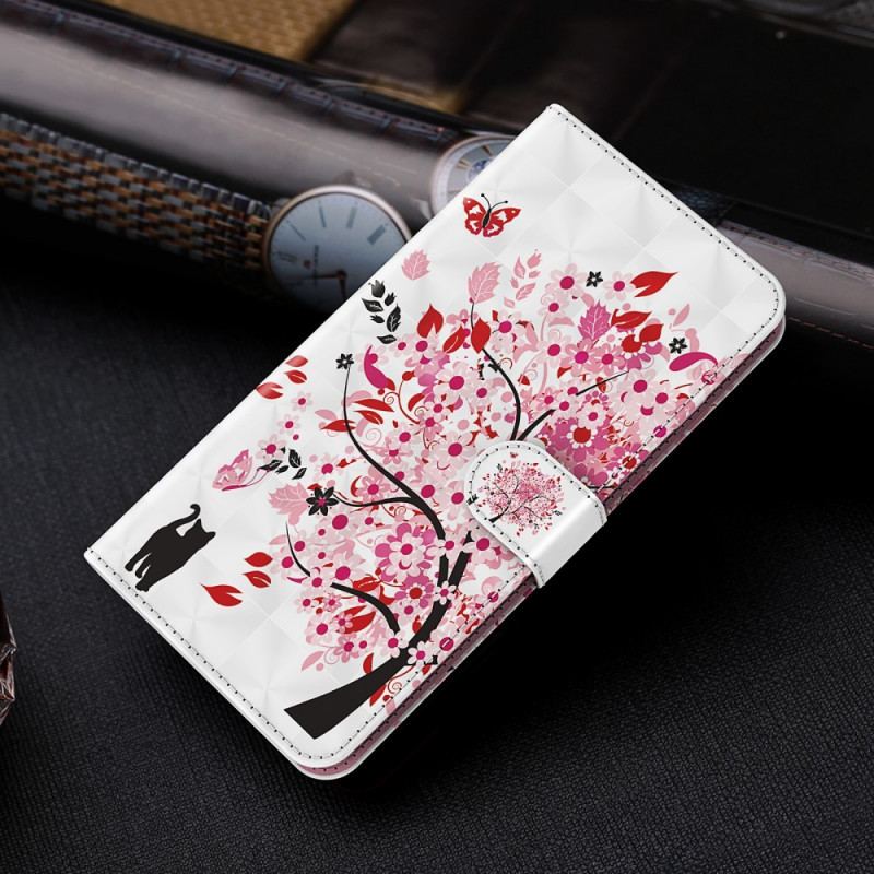 Housse Moto E40 / E30 / E20 Arbre Rose et Chat Noir