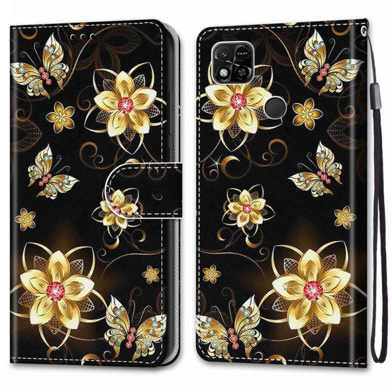 Housse Xiaomi Redmi 10A Fleurs Dorées à Lanière