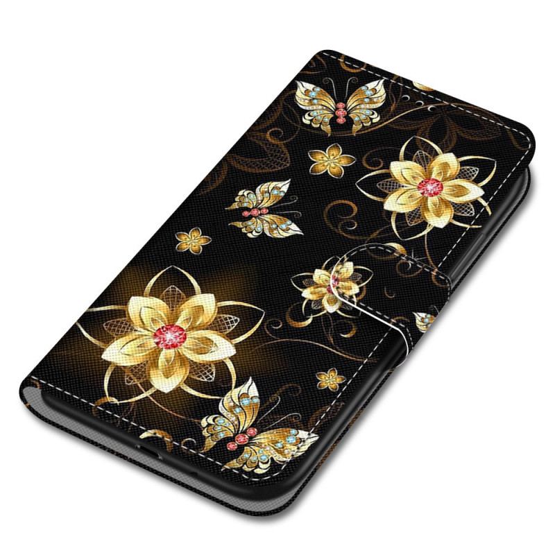 Housse Xiaomi Redmi 10A Fleurs Dorées à Lanière