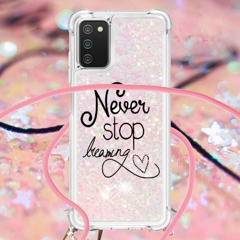 Coque Samsung Galaxy A03s à Cordon Paillettes Never Stop