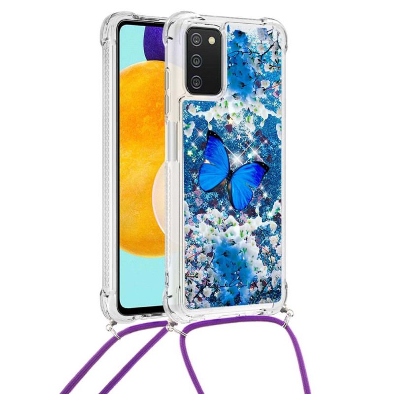 Coque Samsung Galaxy A03s à Cordon Paillettes Papillons