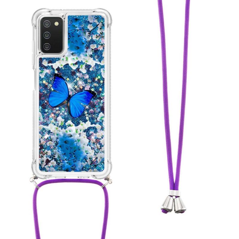 Coque Samsung Galaxy A03s à Cordon Paillettes Papillons