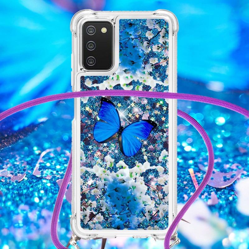 Coque Samsung Galaxy A03s à Cordon Paillettes Papillons