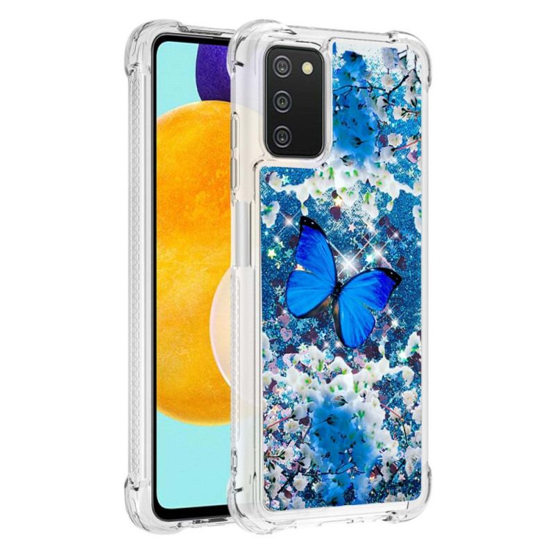 Coque Samsung Galaxy A03s Papillons Bleus Paillettes