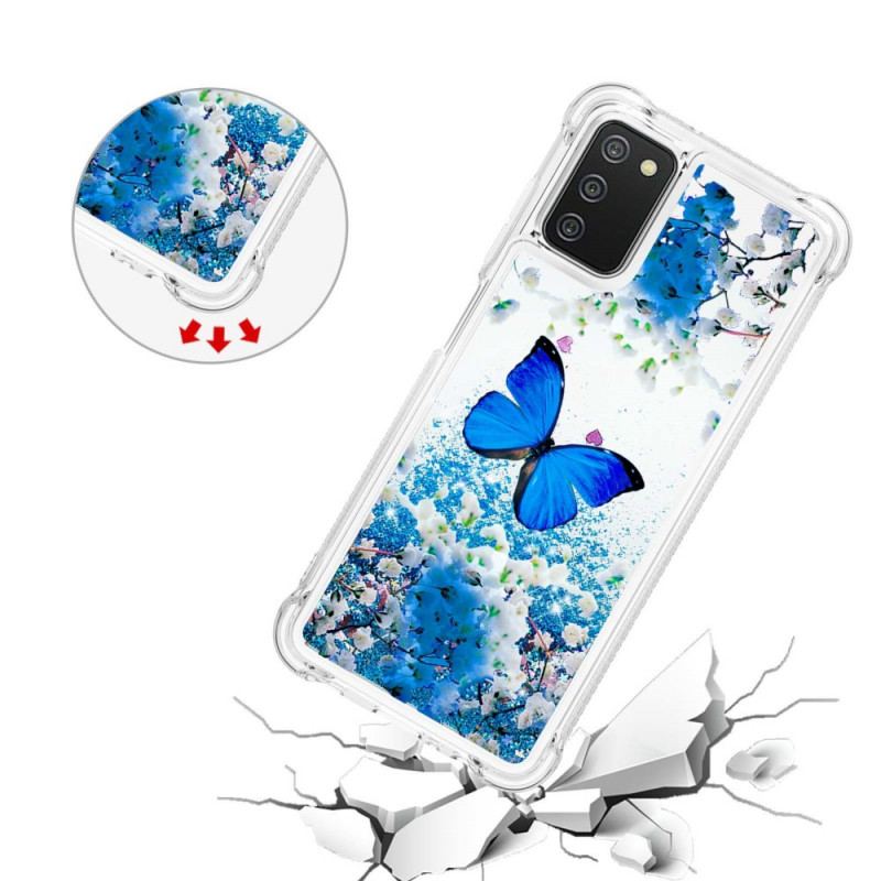 Coque Samsung Galaxy A03s Papillons Bleus Paillettes