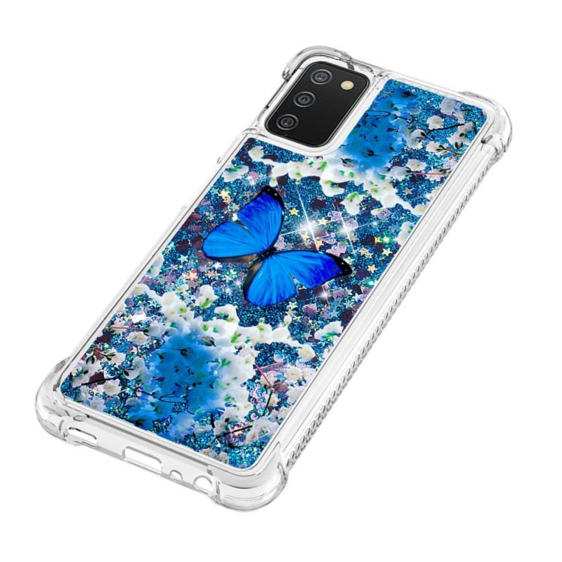 Coque Samsung Galaxy A03s Papillons Bleus Paillettes