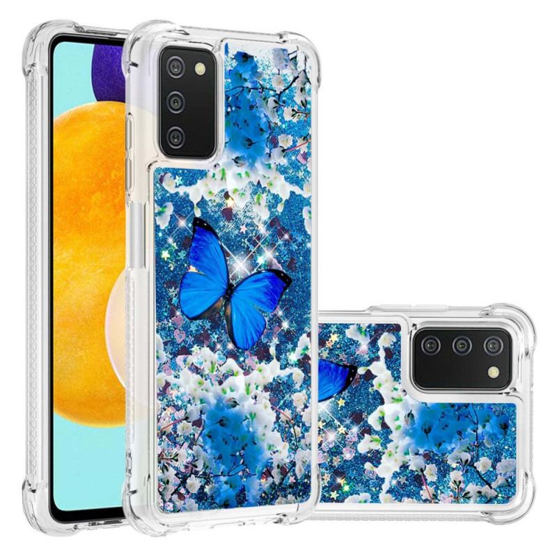 Coque Samsung Galaxy A03s Papillons Bleus Paillettes