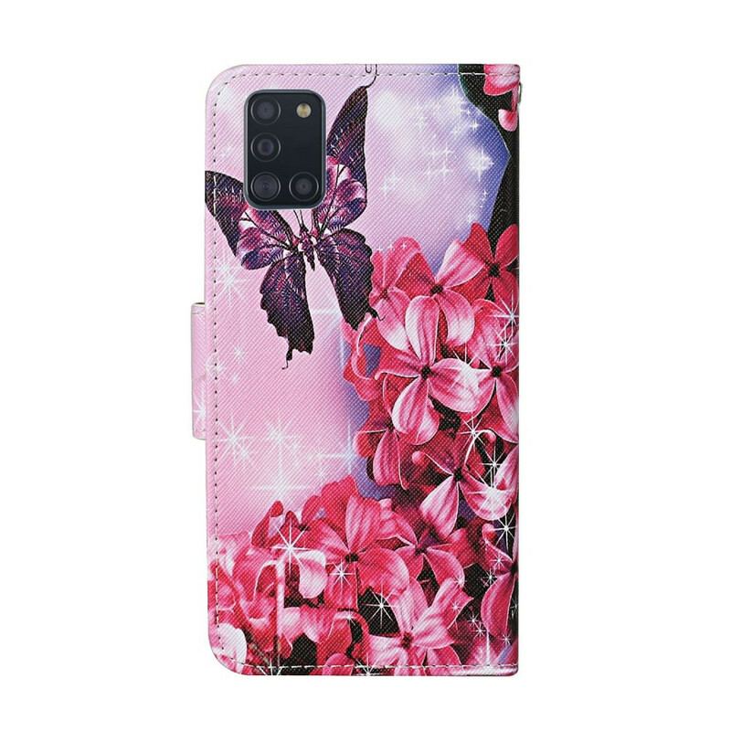 Housse Samsung Galaxy A31 Papillons Floraux Lanière