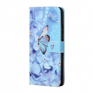 Housse Google Pixel 8A Fleurs et Papillons Bleus à Lanière