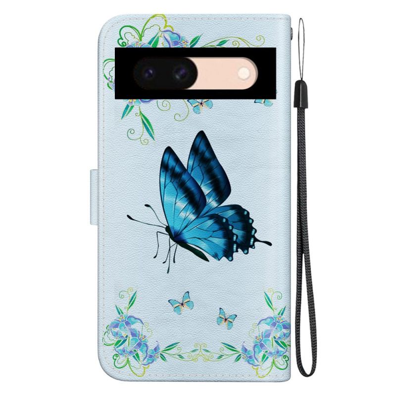 Housse Google Pixel 8A Papillons Bleus et Fleurs à Lanière