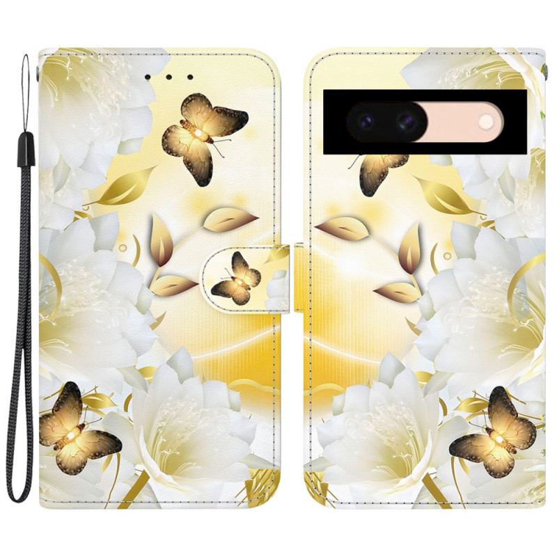 Housse Google Pixel 8A Papillons Dorés et Fleurs Blanches à Lanière