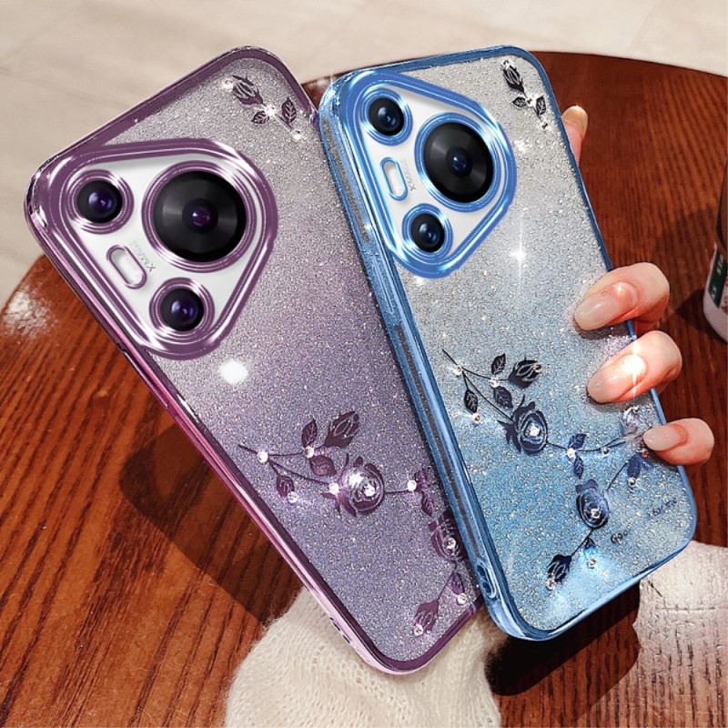 Coque Huawei Pura 70 Pro Fleurs et Strass avec Lanière