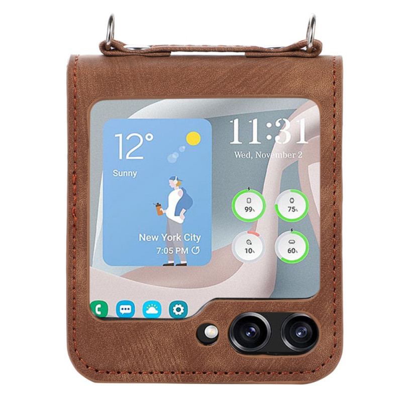 Coque Samsung Galaxy Z Flip 5 Style Cuir Porte-Cartes et Bandoulière