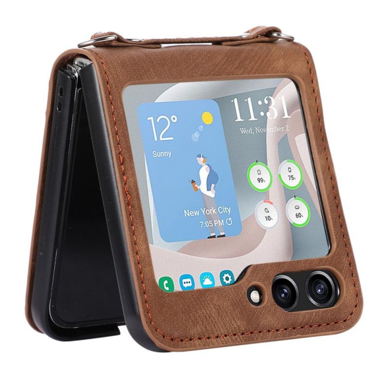 Coque Samsung Galaxy Z Flip 5 Style Cuir Porte-Cartes et Bandoulière