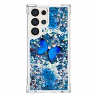 Coque Samsung Galaxy S24 Ultra 5G Paillettes Papillon Bleu