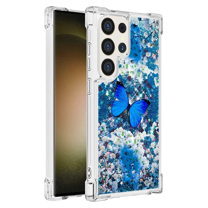 Coque Samsung Galaxy S24 Ultra 5G Paillettes Papillon Bleu