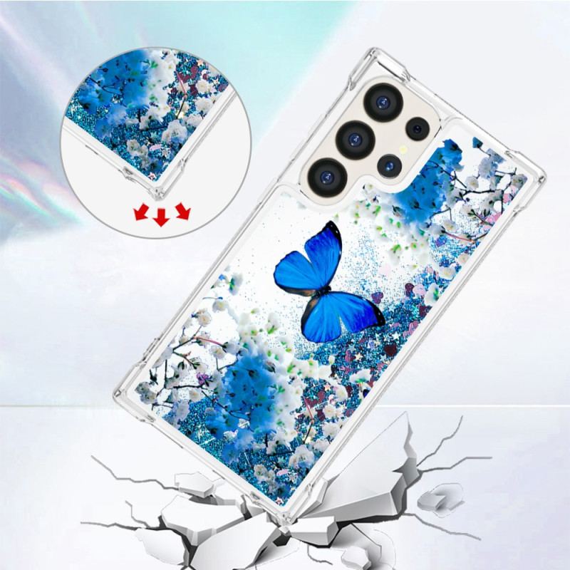 Coque Samsung Galaxy S24 Ultra 5G Paillettes Papillon Bleu