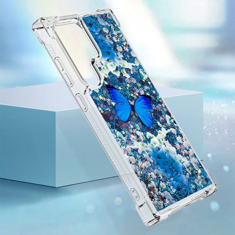 Coque Samsung Galaxy S24 Ultra 5G Paillettes Papillon Bleu