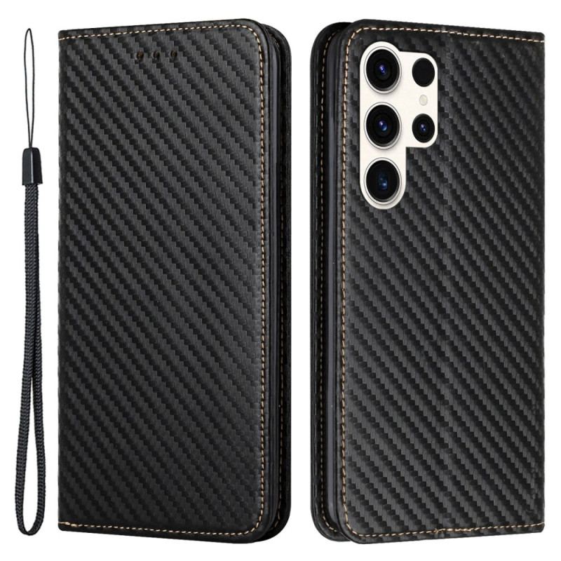 Flip Cover Samsung Galaxy S24 Ultra 5G Fibre Carbone et Lanière