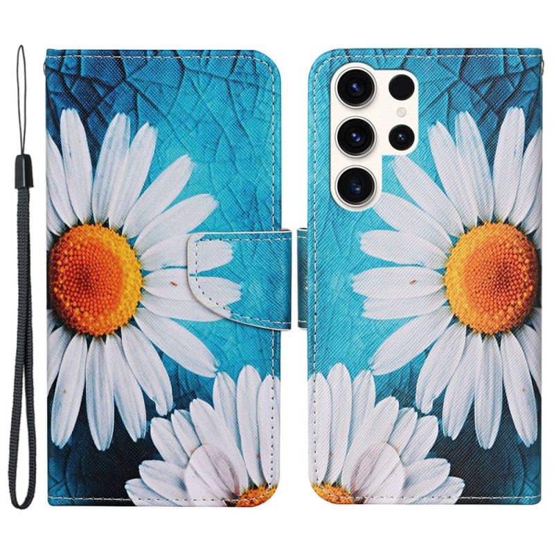 Housse Samsung Galaxy S24 Ultra 5G Grandes Chrysanthèmes à Lanière