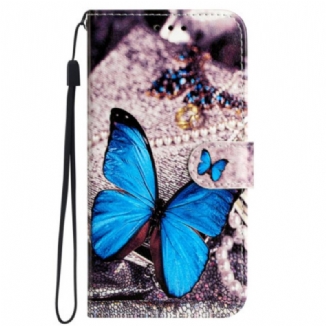 Housse Samsung Galaxy S24 Ultra 5G Papillon Bleu à Lanière